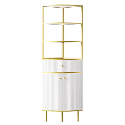 Modern Tall Corner Cabinet, 74.8" Corner Bookshelf with Storage Corner Bookcase with 1 Drawer and 2 Doors