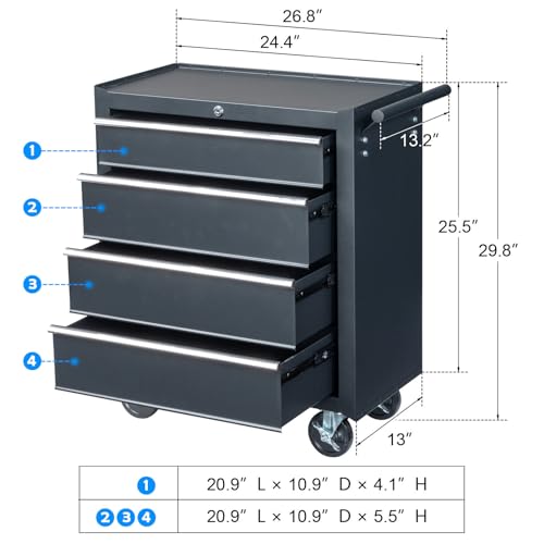Winado 4-Drawer Tool Chest with Wheels & Lock & Key, Heavy Duty Cart Rolling Tool Box on Wheels, Metal Storage Cabinet