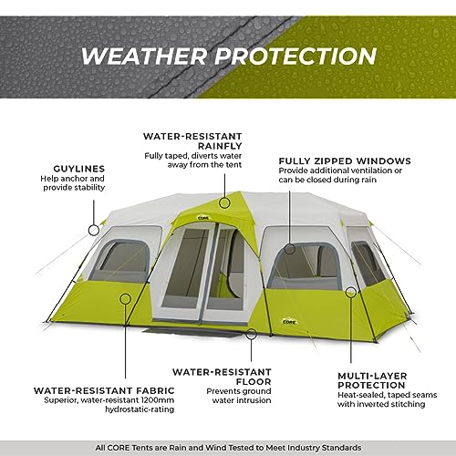 CORE Instant Cabin Tents | 6 Person / 9 Person / 10 Person / 12 Person Family Cabin Multi Room Pop Up Tents Car Camping | Included Storage Pockets
