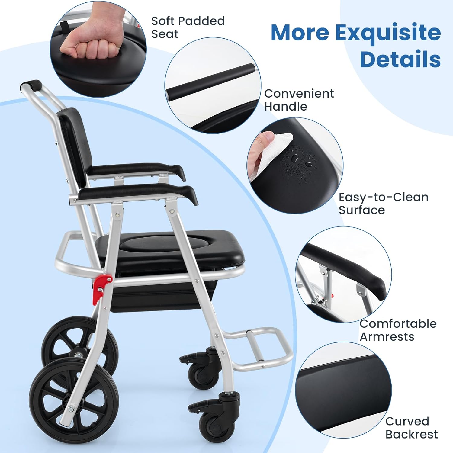 Giantex Bedside Commode Wheelchair for Toilet - Foldable Shower Chair with Arms, Lockable Casters, Detachable Bucket, Transport Wheelchair