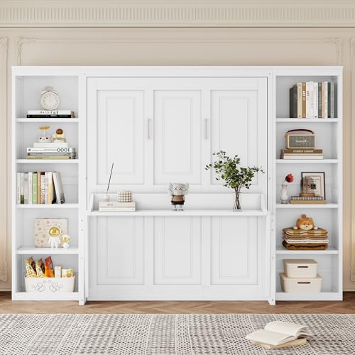 SOFTSEA Full Size Murphy Bed with Desk and Shelves, 110" Solid Folable Platform Bed with Double Storage Cabinets