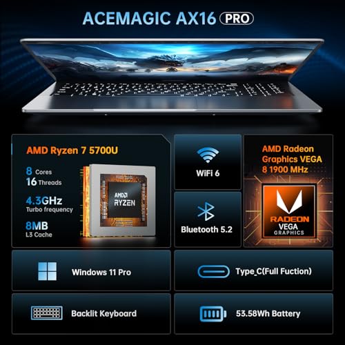 ACEMAGIC 2025 Gaming Laptop, 16.1inch Laptop Computer with AMD Ryzen 7 5700U Series(8C/16T, Up to 4.3GHz), 16GB RAM 512GB NVMe SSD Windows 11 Laptop