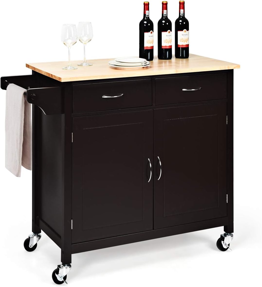 Giantex Kitchen Island, Rolling Kitchen Cart, Wood Counter Top, Utility Service Trolley Cart with Storage Cabinet and 2 Large Drawer Towel Rack