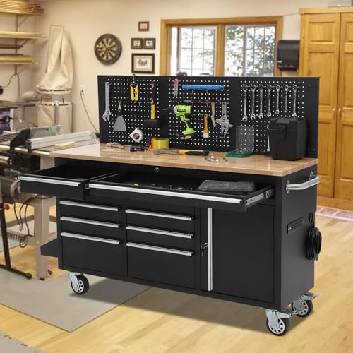61inch Rolling Tool Chest, Garage Workbench Storage Tool Cabinet 10 with Drawers, Solid Rubber Wood Top with Power Strip, LBS Load Mobile Workstation