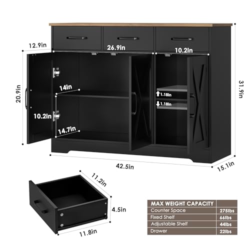 HOSTACK Modern Farmhouse Sideboard Buffet Cabinet, Barn Doors Buffet Storage Cabinet with Drawers and Shelves