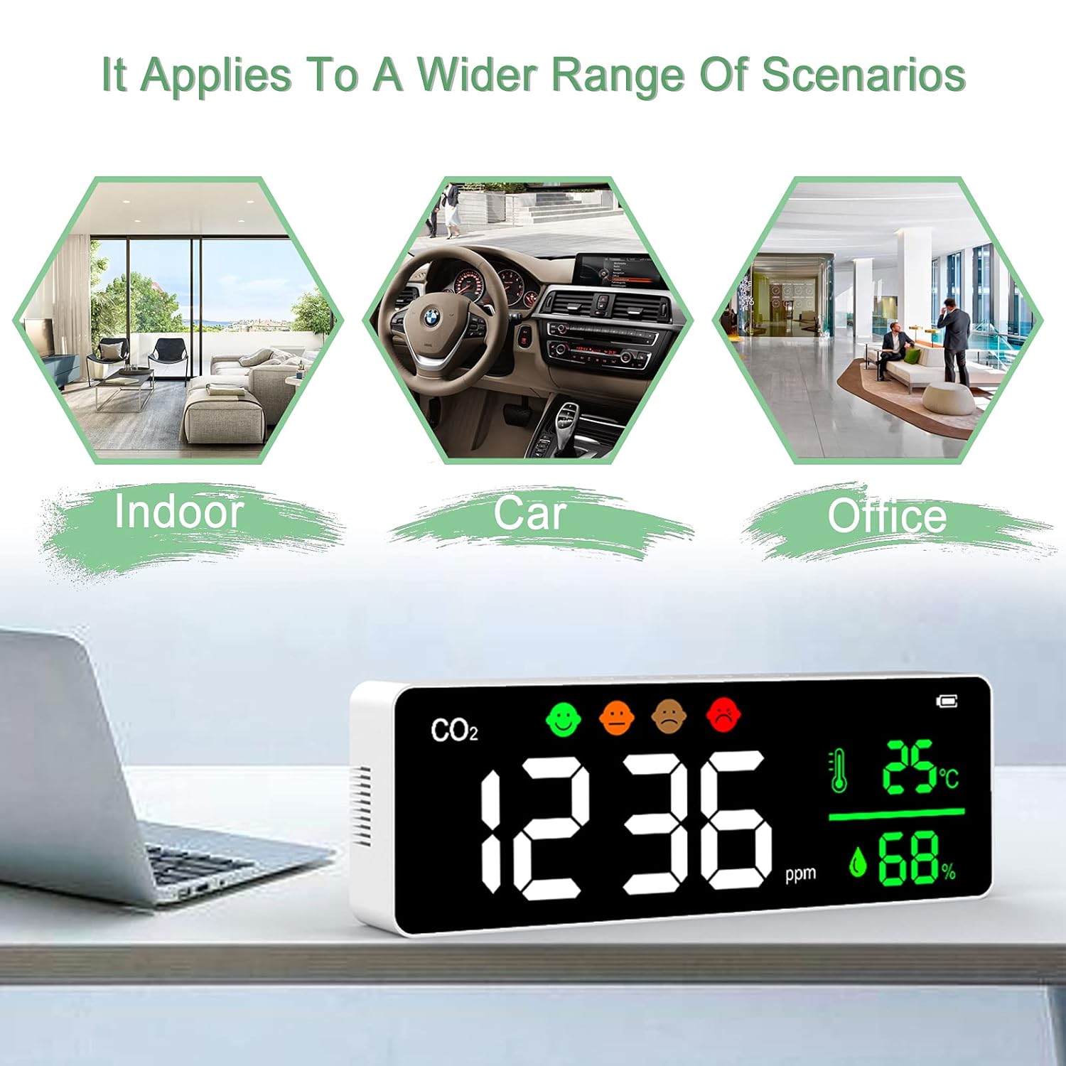 Air Quality Monitor, 3-in-1 Air Pollution Carbon Dioxide Detector, Temperature & Humidity Meter, CO2 exceeding Alarm