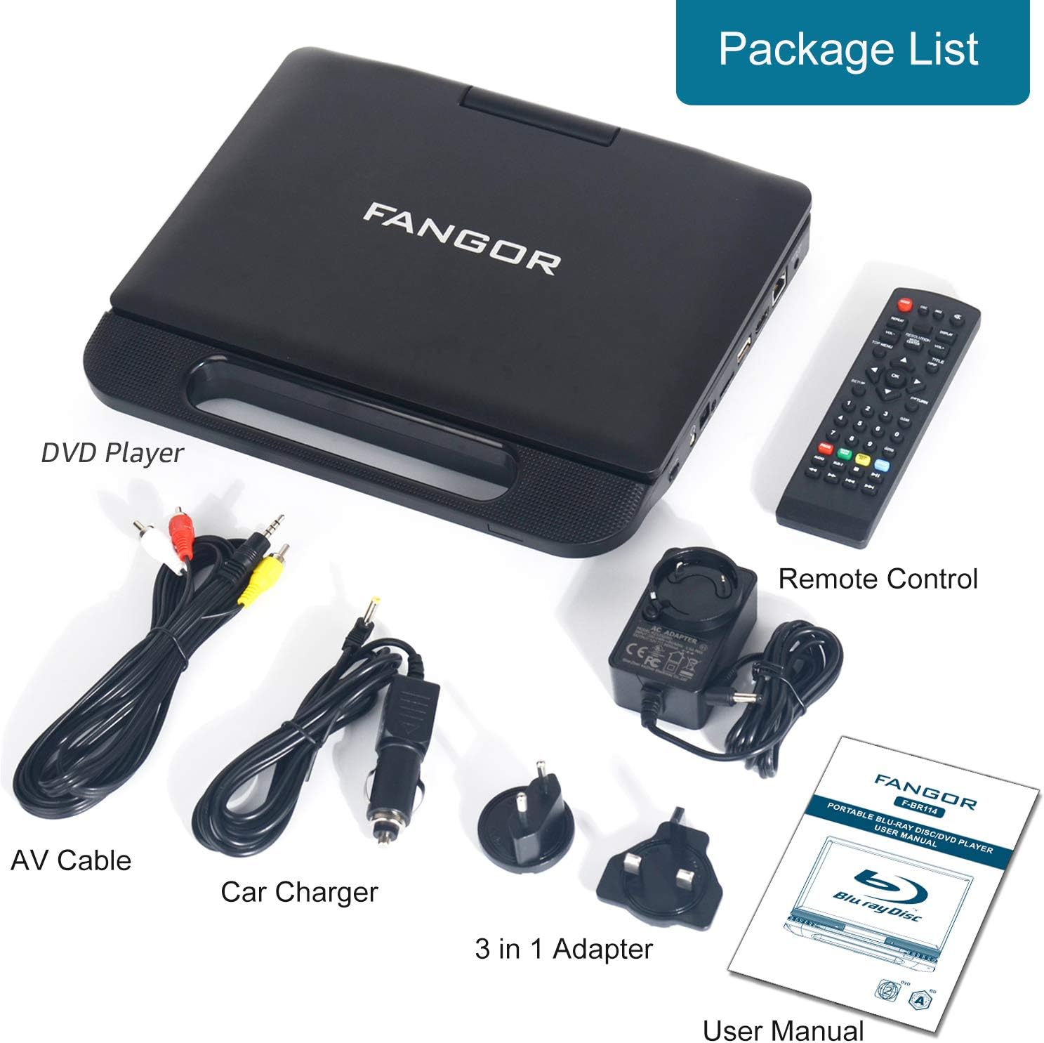 FANGOR 13.3 Inch Portable Bluray Player with 12 HD Swivel Screen, 5 Hours Rechargeable Battery and Remote Control, HDMI Out/AV In, Multi-Media Player