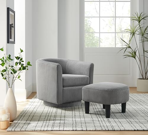 360 Degree Swivel Chair with Ottoman, Modern Upholstered Tufted Barrel Swivel Chair, Corduroy Fabric Accent Chair