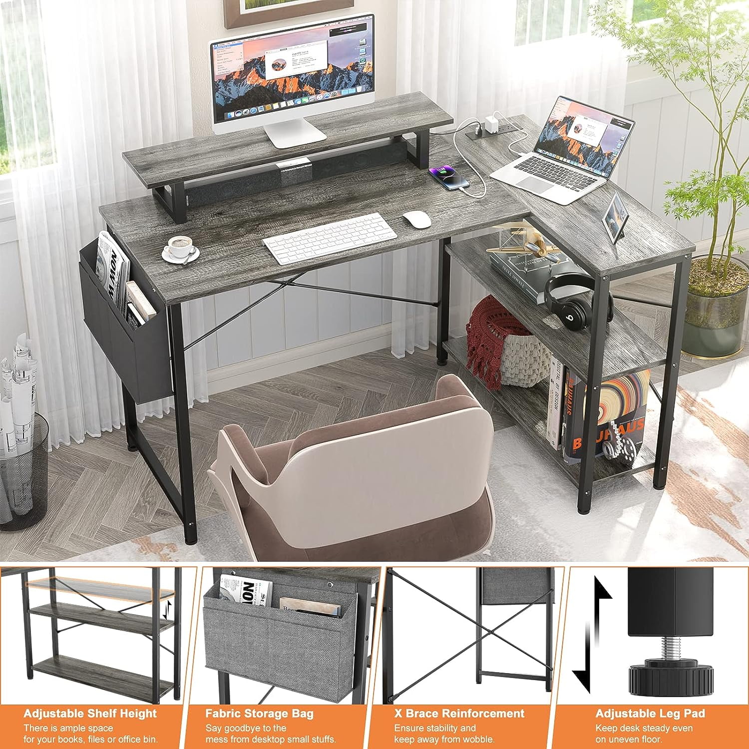 Homieasy L Shaped Desk with Power Outlet & USB Ports, 47 Inch Reversible L-Shaped Gaming Desk with LED Strip & Monitor Stand