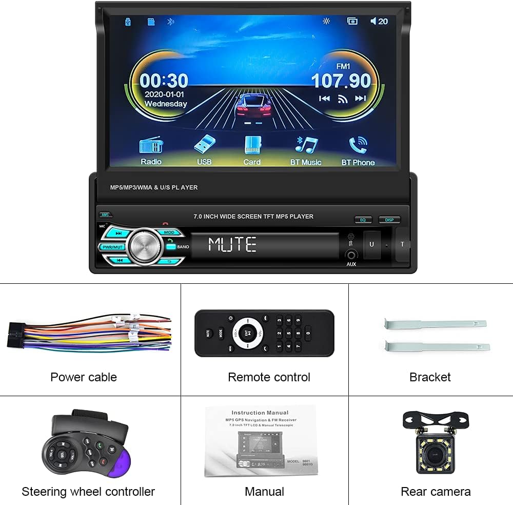 Single Din Car Stereo with CarPlay ,EKAT 7 Inch Flip Out Touchscreen Car Radio Receicer Supports Bluetooth FM Mirror Link for Android/iOS