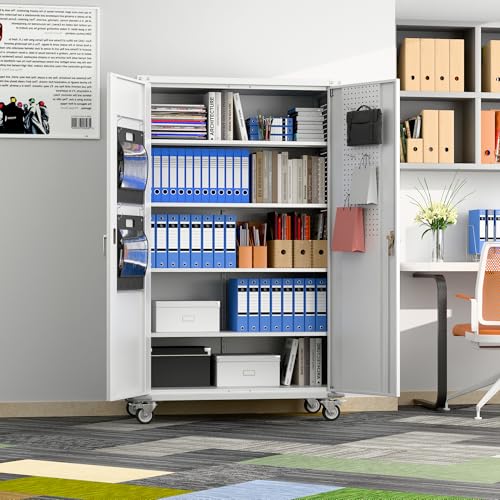 71" Metal Storage Cabinet with Wheels and Pegboard, Lockable Rolling Steel Storage Cabinet with 5 Adjustable Shelves and Door for Garage, Office