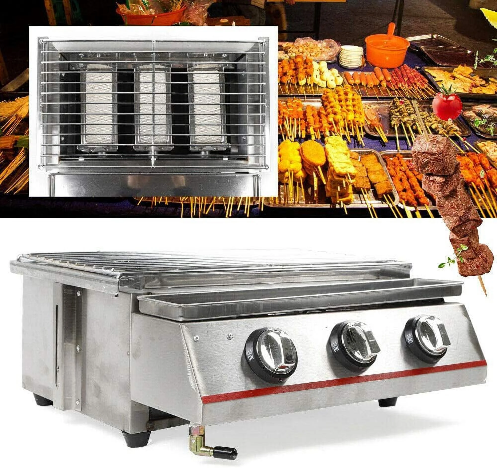 Oukaning Outdoor Portable Barbecue Grill 3-Burner Gas Grill Cooker Stainless Steel 2800Pa