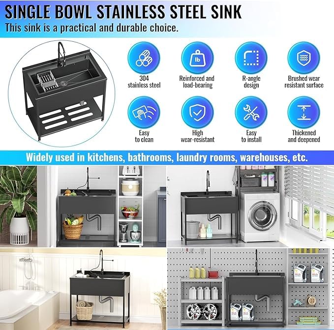 Stainless Steel Utility Sink, 30.8" × 22" × 39.5"Freestanding Sink with Cold and Hot Water Faucet,Hoses and Drain Kit for Kitchens, Bathrooms, Garage