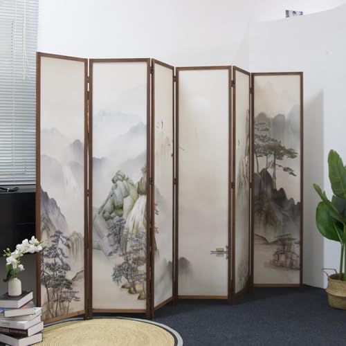 6 Panel Room Divider Screen,Double Faced Room Divider Folding Wall Divider for Room Separation,Mountains and Waters Landscape,67" H x 94.5" W