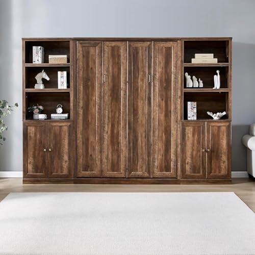MERITLINE Queen Size Murphy Bed with Storage Bookcase Shelves,Cabinet and Charging Station,Wood Folding White Murphy Wall Bed
