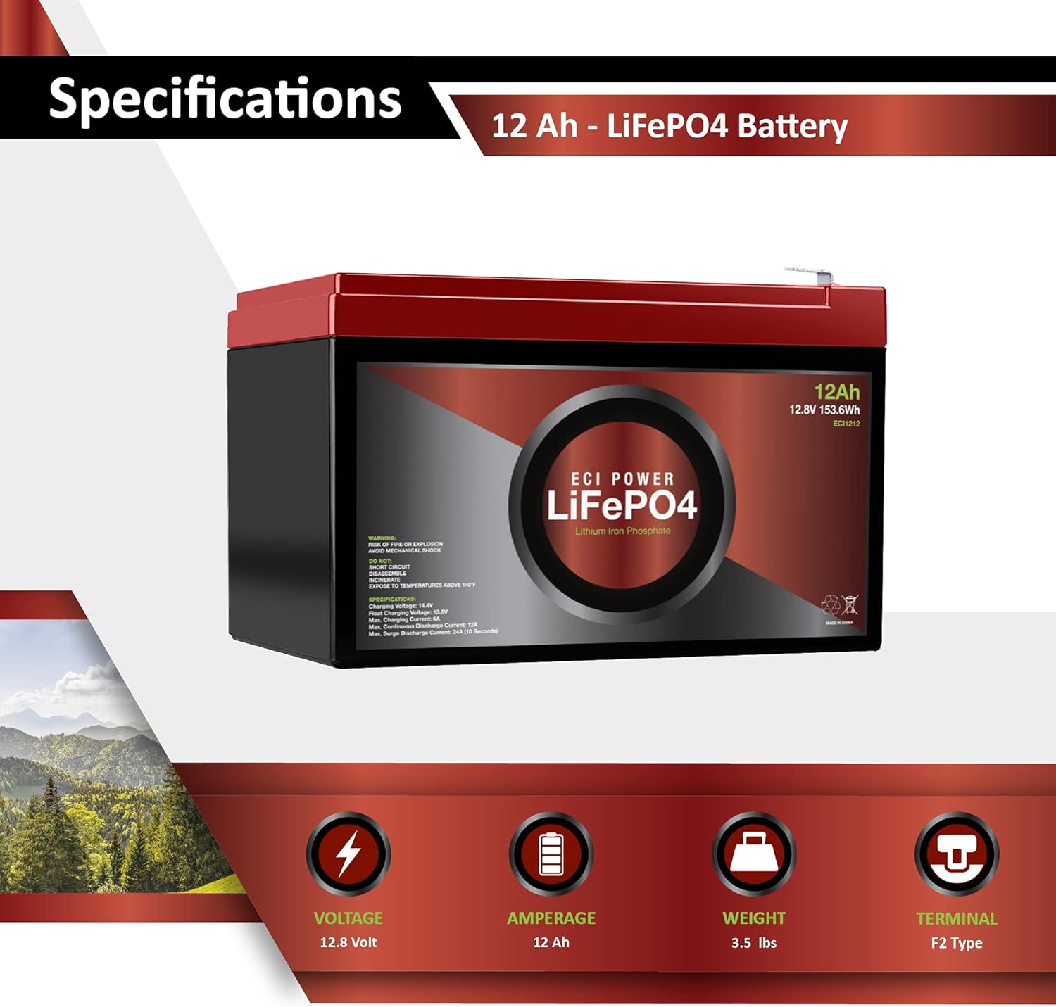 ECI Power 12V 20Ah Lithium LiFePO4 Deep Cycle Rechargeable Battery | 2000-5000 Life Cycles & 10-Year Lifetime | Built-in BMS | Perfect for RV, Solar