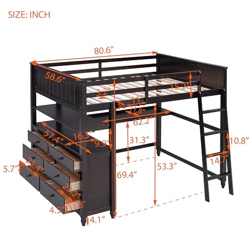 Harper & Bright Designs Full Loft Bed with Desk and Wardrobe,Solid Wood Loft Bed Frame Full with Storage Drawers for Kids Teens Adults
