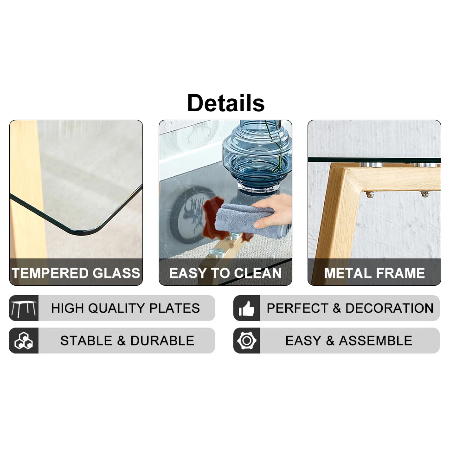Holaki 1 Table and 4 Chairs Set. Glass Dining Table, 0.31 "Tempered Glass Tabletop and Wood Grain Metal Table Legs . Table Size: 47" W x 31"D x 30" H