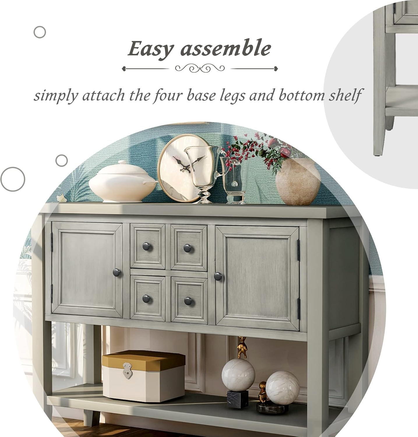 Farmhouse Vintage Console Table Sofa Table with 4 Drawers and Bottom Shelf