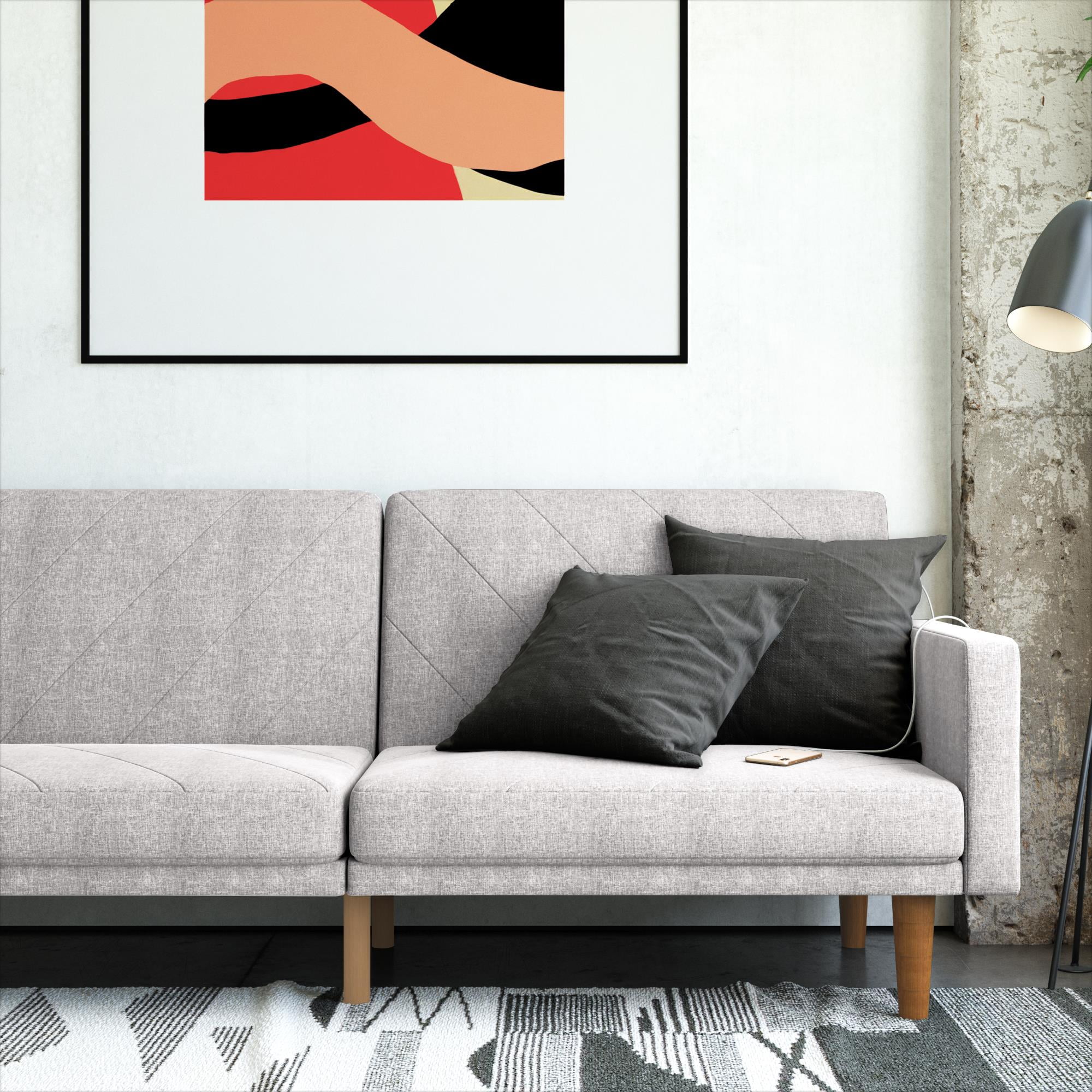 DHP Paxson Futon with USB Port, Convertible Sofa Bed, Light Gray Linen