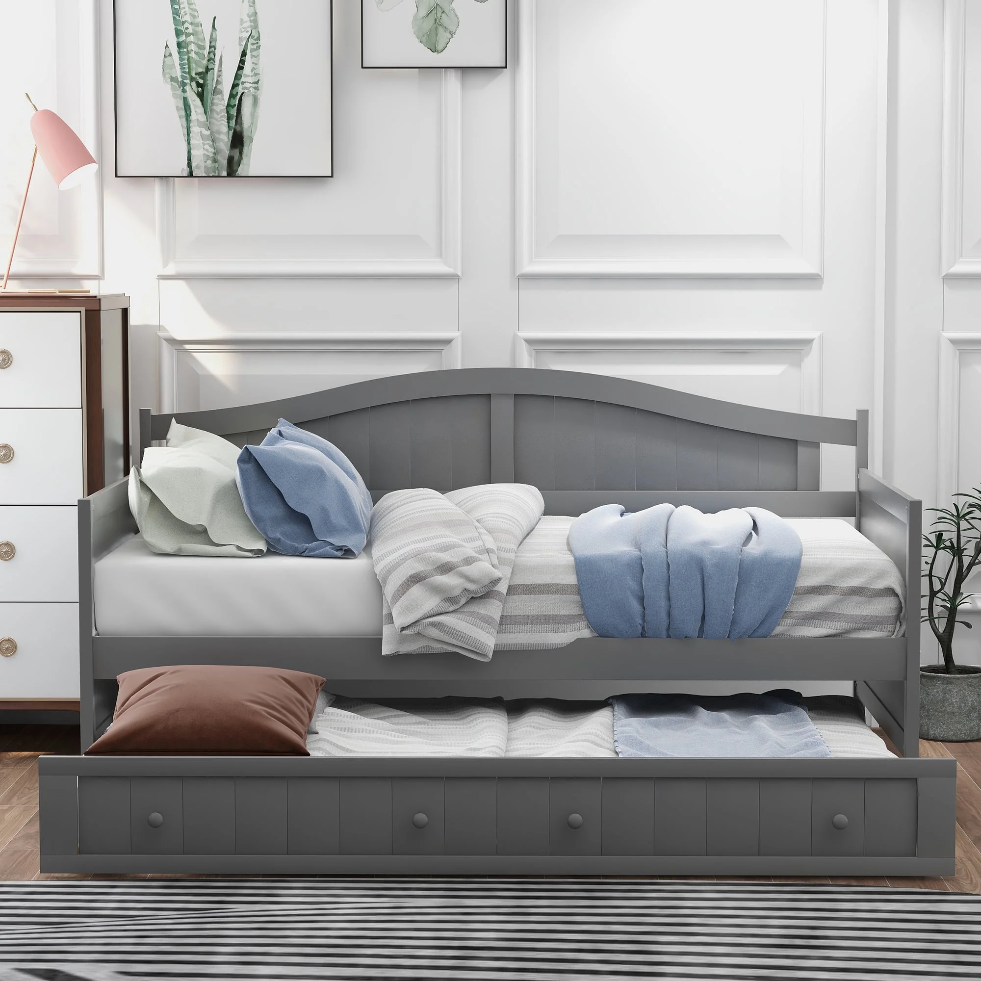 Grey Double Wooden Sofa Bed Modern Pull Out Chair Bed with Roller Bed Bedroom Living Room Sofa Bed Classic Arched Profile Suitable for Living Room