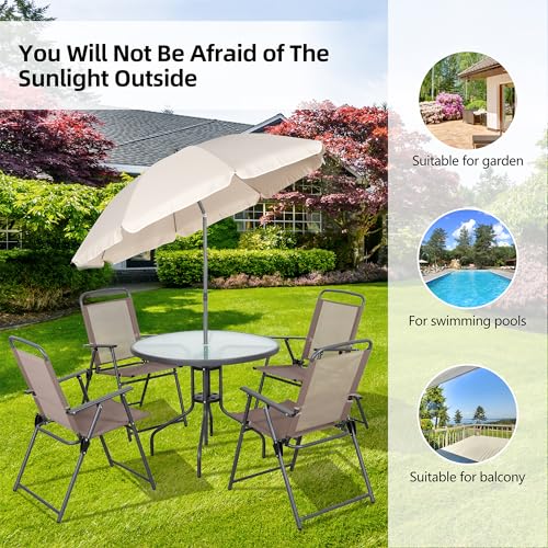 Vongrasig 6 Piece Folding Patio Dining Set,Small Metal Outdoor Garden Patio Table and Chair Set w/Umbrella for Lawn,Deck,Backyard,Black