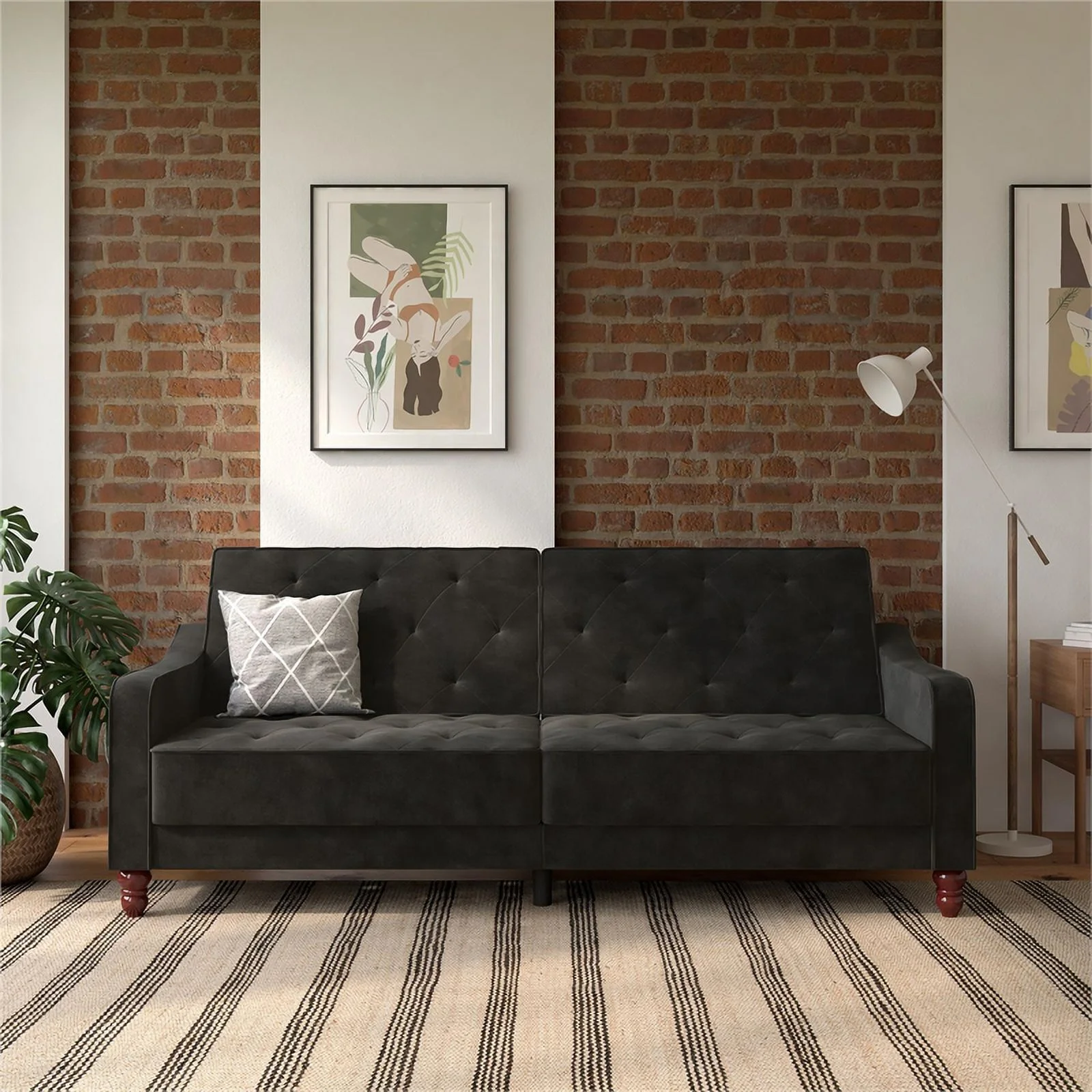 Pemberly Row Contemporary Vintage Tufted Split Back Futon in Grey Velvet