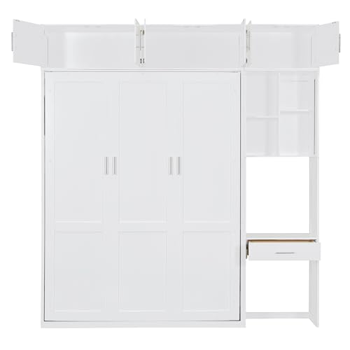 P PURLOVE Wood Twin Murphy Bed with Light and USB, Modern Wall Bed with Top Cabinet and Storage Shelves, Space Saving, No Box Spring Needed (Gray)