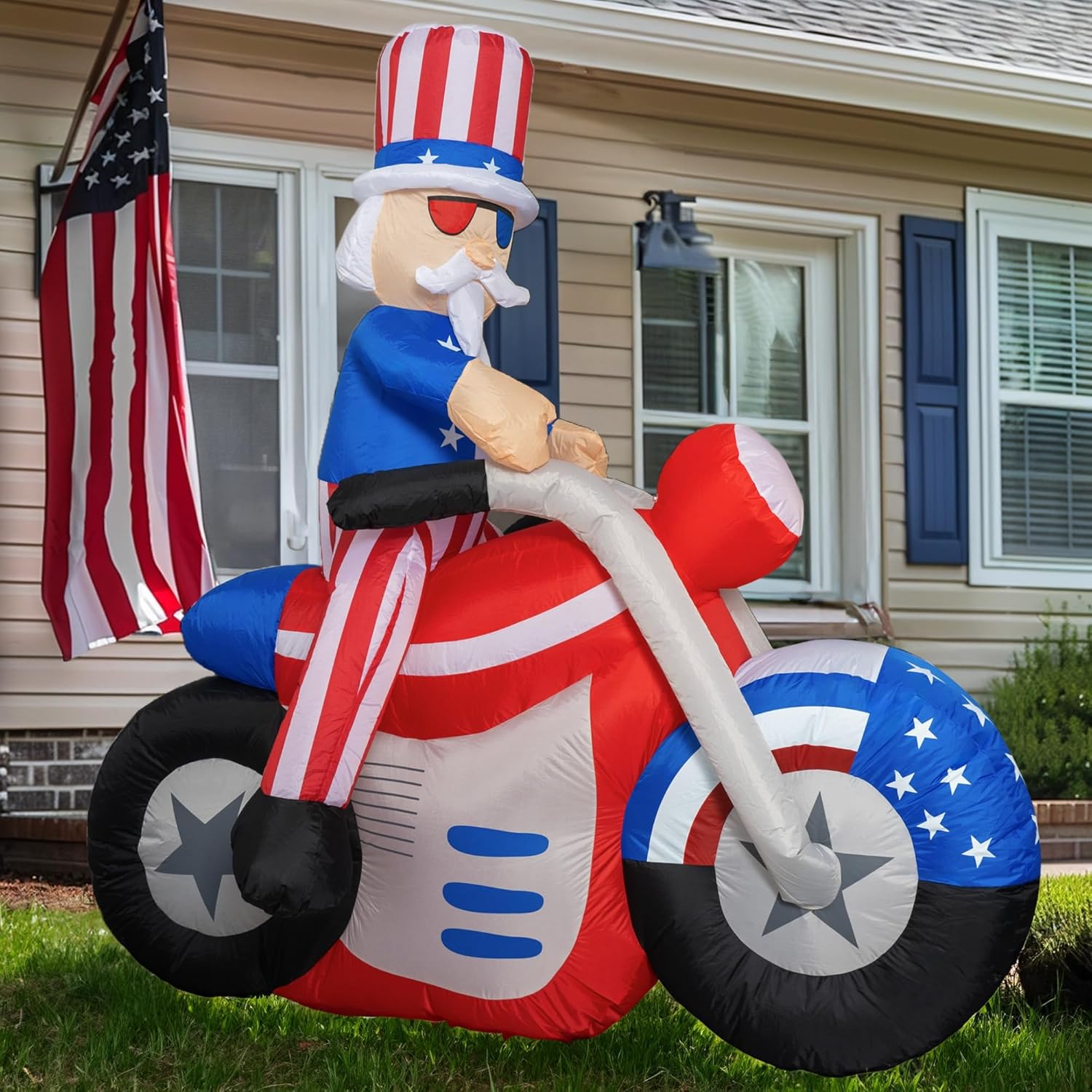 Dazzle Bright 4th of July Inflatable Decorations, 6FT Uncle Sam on Motorcycle Pre-Lit LED Independence Day Decor