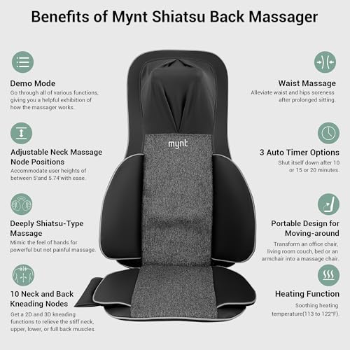 Mynt FSA HSA Eligible 3D Shiatsu Neck and Back Massager for Chair with 10 Deep Kneading Nodes, Back Massage with Heat