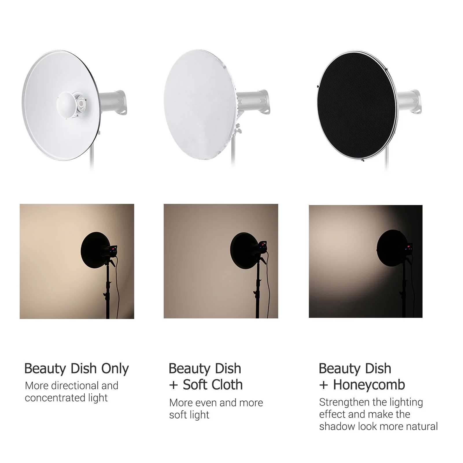 22 Inch Beauty Dish Studio Photography Reflector Diffuser with Honeycomb Soft Cloth for Bowens Mount Speedlite Strobe (White Internal Surface)