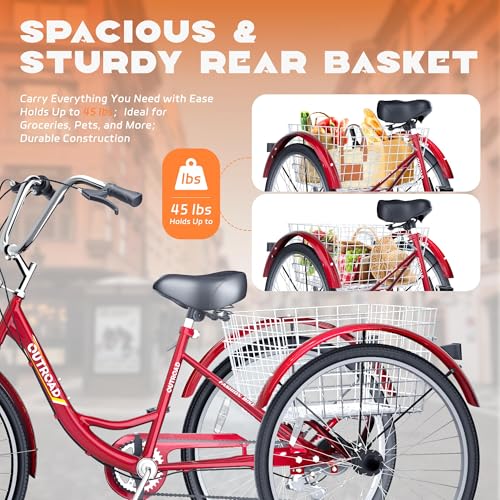 7-Speed Adult Tricycle with Large Basket 24/26 Inch, Stable 3-Wheel Cruise Bicycle for Shopping, Beach and City Trike Perfect for Men, Women