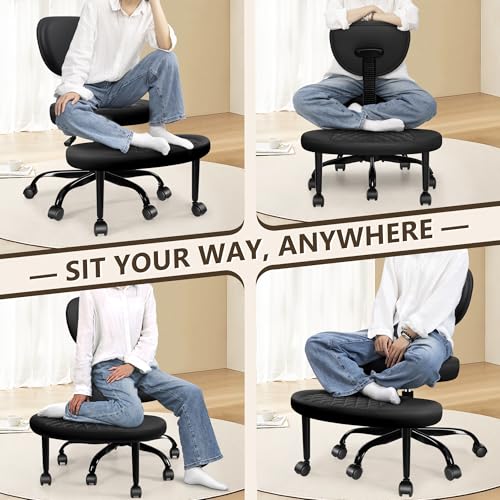 Ergonomic Cross Legged Office Chair with Wheels - Adjustable Height for Meditation, ADHD Desk & Yoga - Wide Criss Cross Design with Lumbar Support
