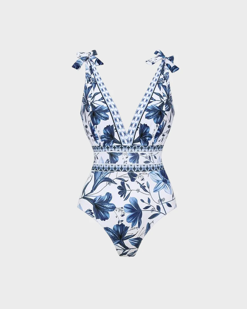 Blue Print Swimsuit Set with Cover Skirt V Neck Swimsuit Dress