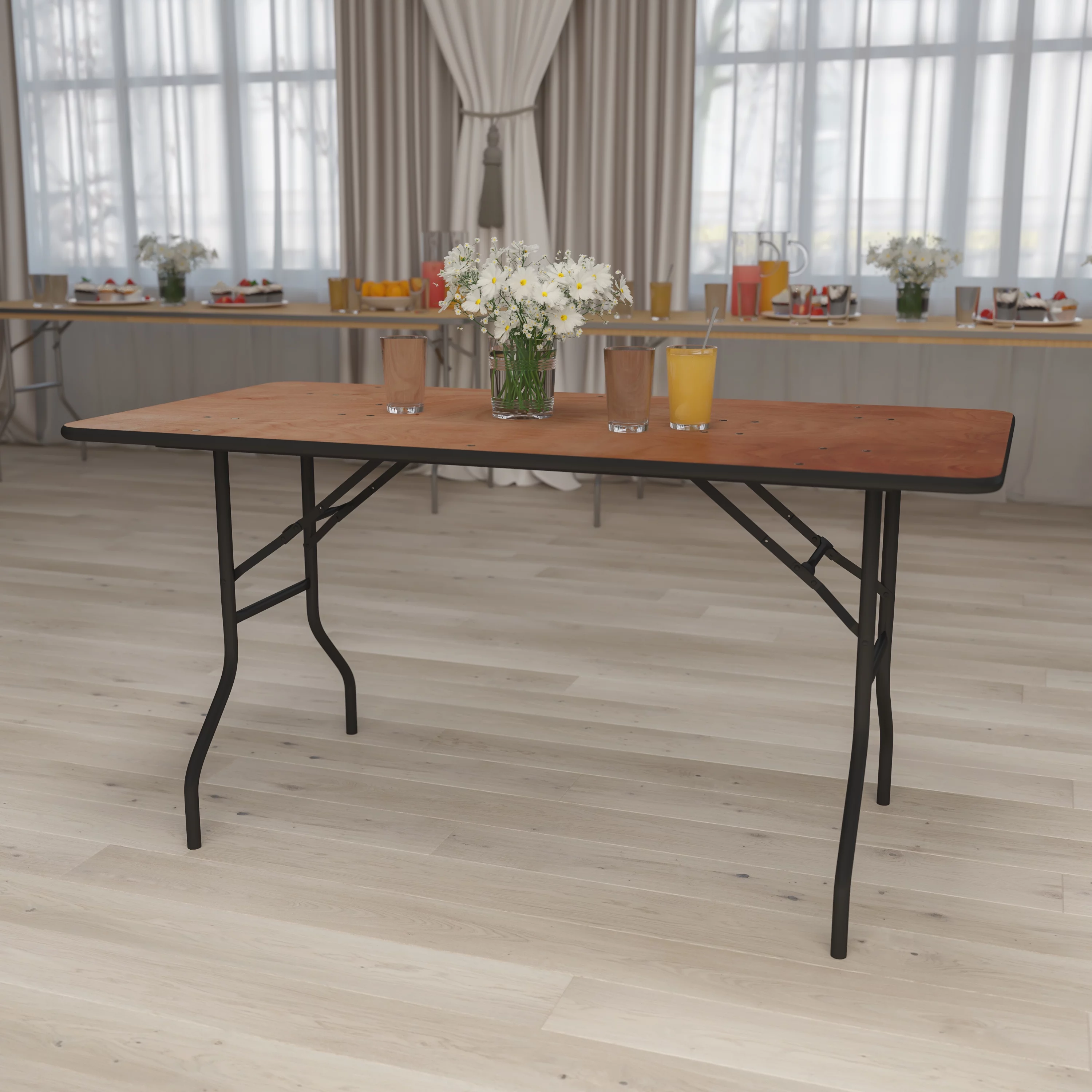 BizChair 5-Foot Rectangular Wood Folding Banquet Table with Clear Coated Finished Top