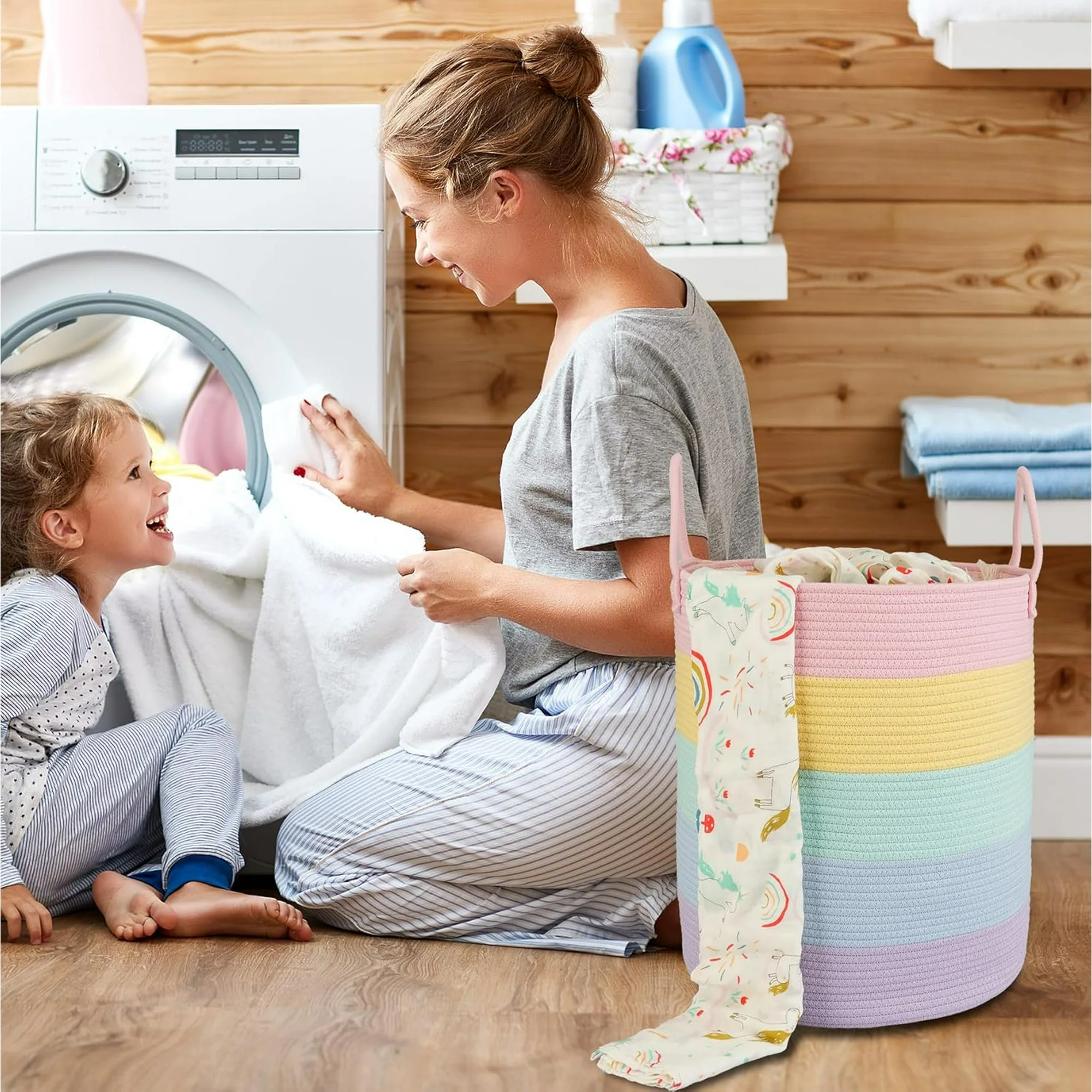 WarmHaven Rope Laundry Basket Hamper for Kids Girl Woven Storage Basket for Living Room Bedroom Boho Tall Baskets for Blanket Toys Pillow Towels Baby