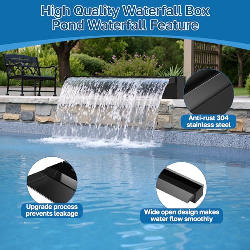 POPOSOAP 24 Inch Pond Waterfall Spillway with 1200GPH Pump, 304 Stainless Steel Waterfall Kit with 9.8FT Corrugated Tube