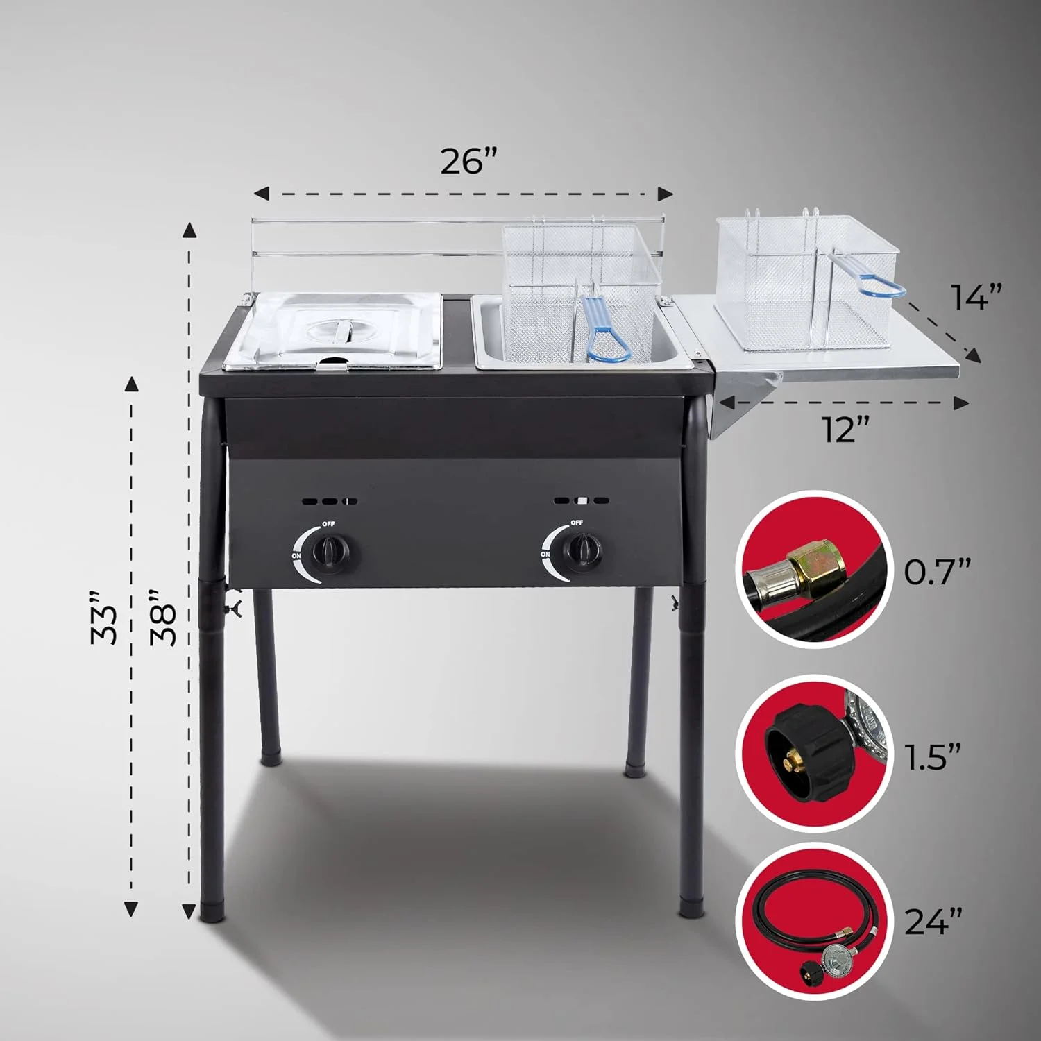 QCAI Two Tank Outdoor Black Deep Fryer | Propane Deep Fryer Propane with 2 Stainless Steel Basket & Lid Covers | Large Oil Tank Capacity with
