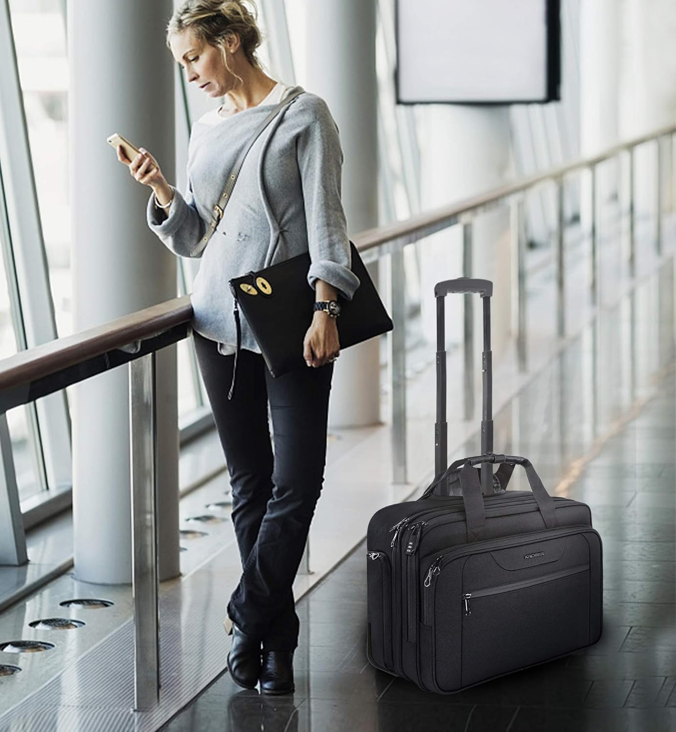 KROSER Rolling Laptop Bag Premium Wheeled Briefcase Fits Up to 17.3 Inch Laptop Water-Proof Overnight Roller Case Computer Bag with RFID Pockets for