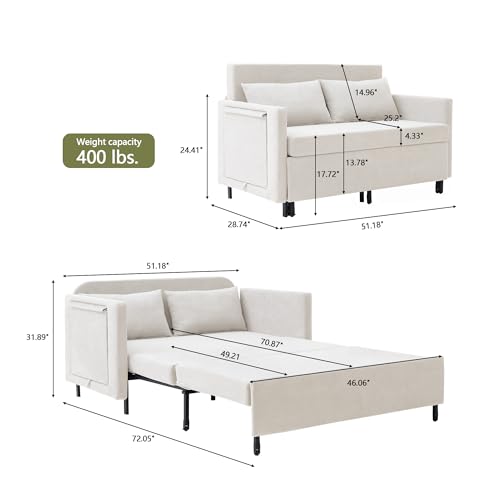 3-in-1 Sleeper Sofa Bed, 51'' Convertible Folding Couch with Pullout Bed, Chenille Futon Sleeper Sofa with Side Table and 2 Pillows