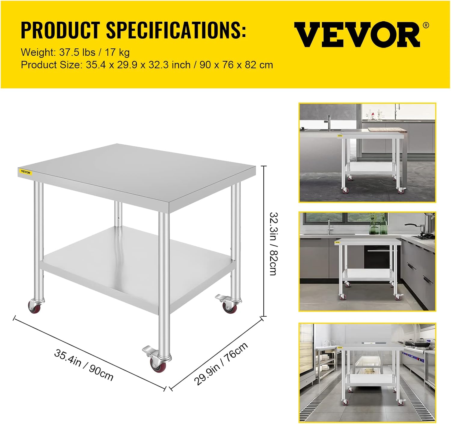 Mophorn Stainless Steel Work Table with Wheels 24 x 30 Prep Table with casters Heavy Duty Work Table for Commercial Kitchen Restaurant Business (24 x
