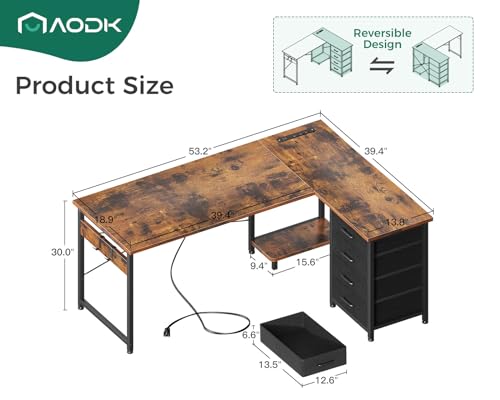 AODK L Shaped Gaming Desk with 4 Drawers, 61" Reversible Home Office Desks with Power Outlets