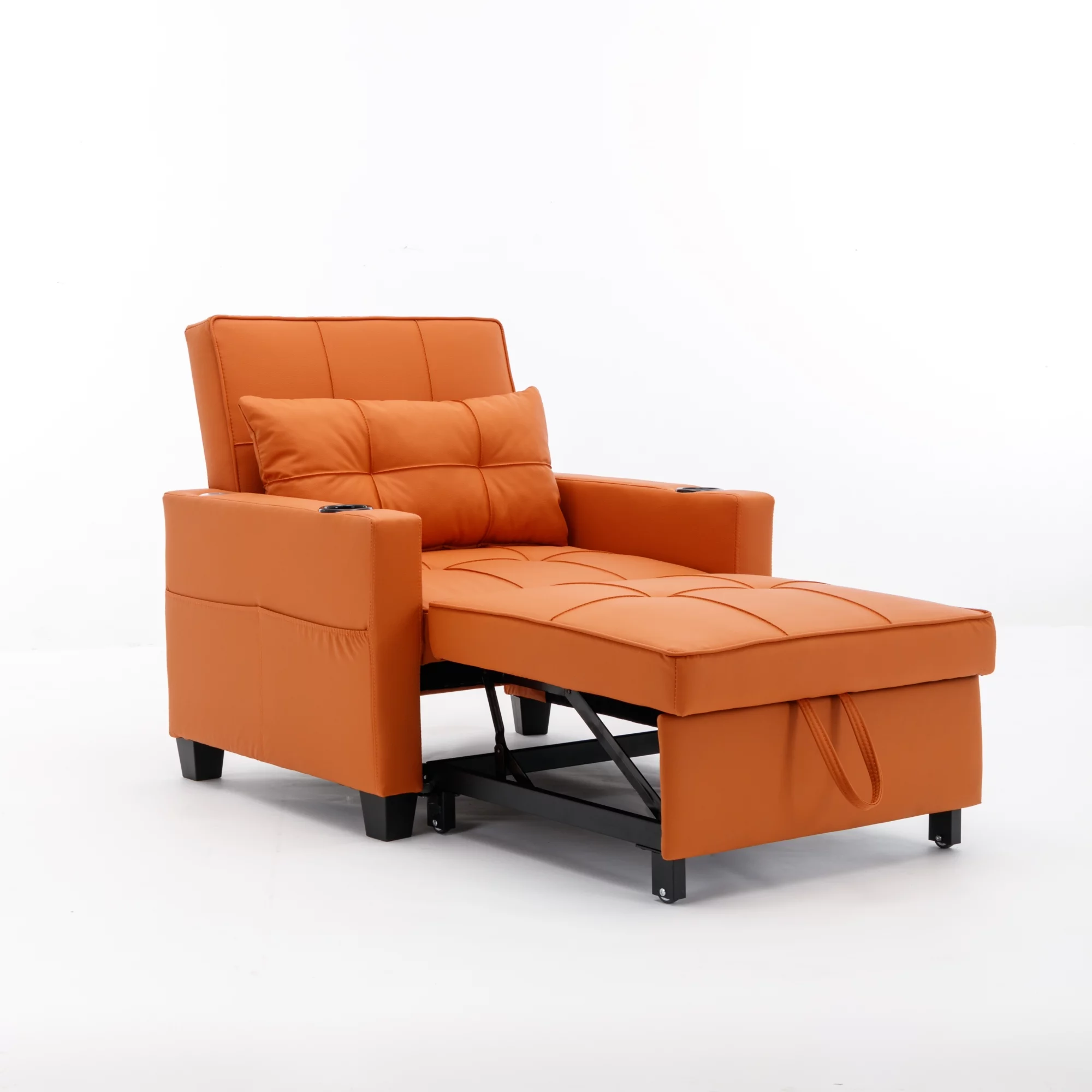 Futon Chair Bed Convertible Chair 3-in-1 Pull Out Sleeper Chair Beds with USB Ports, Armchair Bed Sleeper for Living Room (Orange Leather)