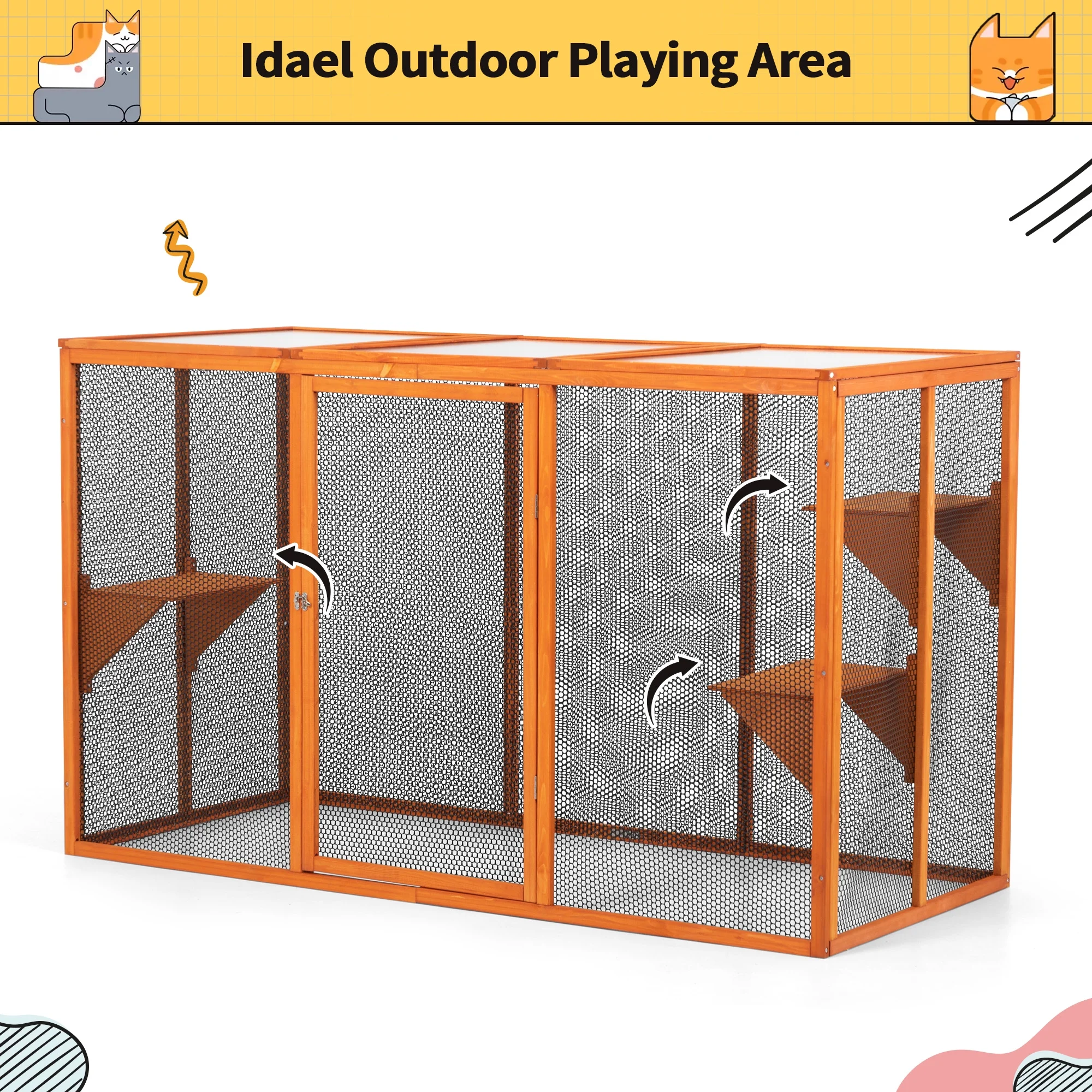 COZIWOW Outdoor Cat House, Wood Cat Catio with Platforms, Lockable Enter Door, Sunshine Panel, Cat Patio Cage Enclosure for Backyard Garden, Orange