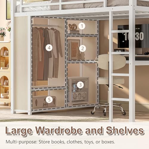 Queen Heavy Duty Metal Loft Bed with L-Shaped Desk, Wardrobe & 5 Storage Shelves – Space-Saving Design for Kids, Teens, Adults – CPC Certified