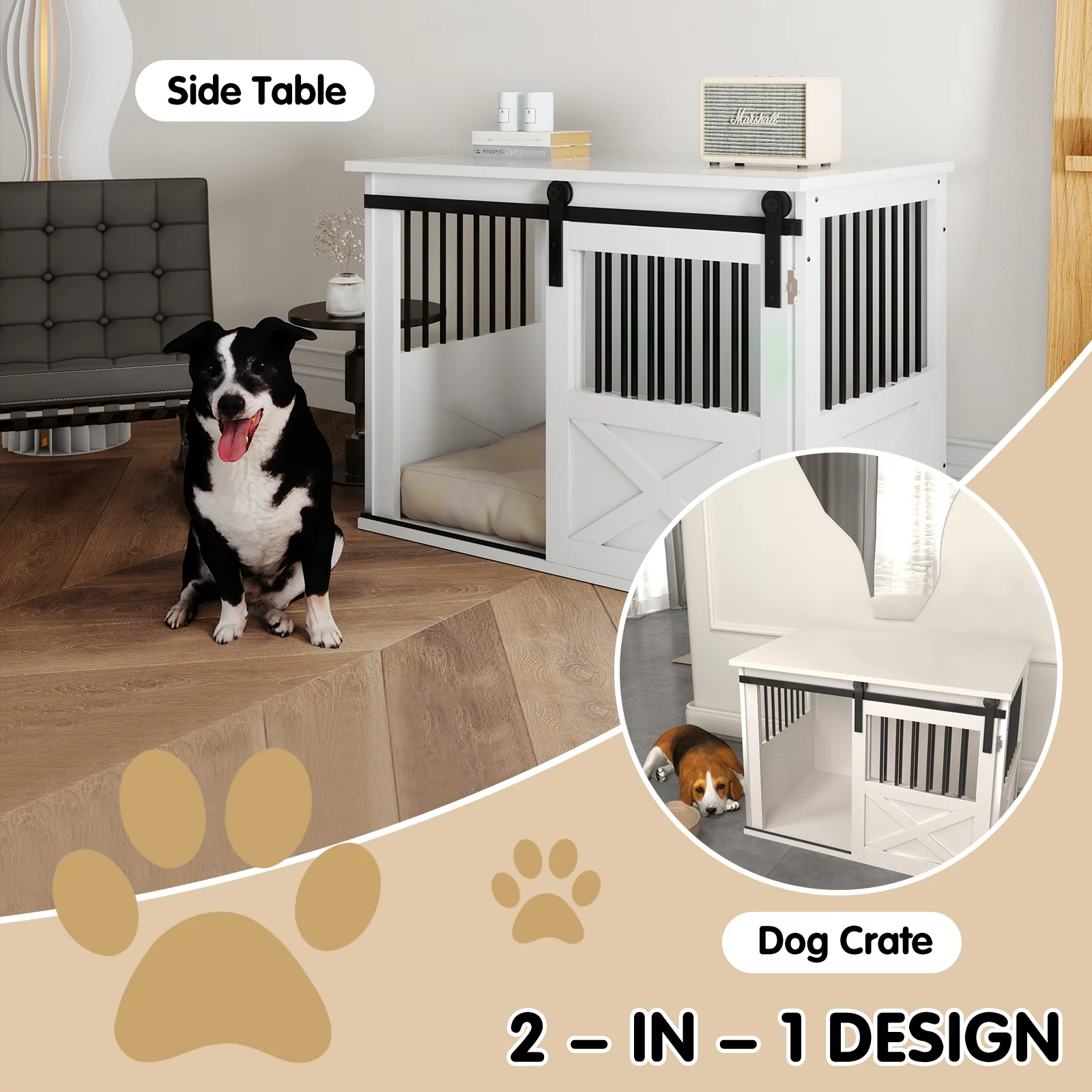 TENONER Dog Crate Furniture with Sliding Door, Wooden Dog Kennel Furniture Side End Table, Barn Door Large Pet Crate for Small to Medium Dogs, White