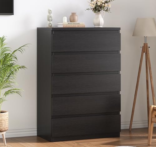Black Modern 5 Drawer Dresser for Bedroom, 15" D x 23.7" W x 40.4" H in Simply Chest of Drawers