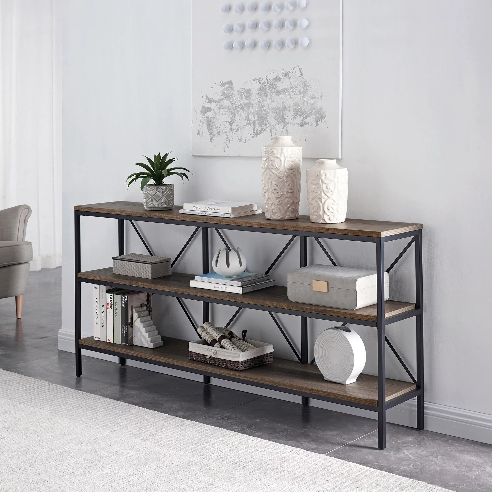Evelyn&Zoe Kira 64" Wide Rectangular Console Table, Blackened Bronze/Black Grain