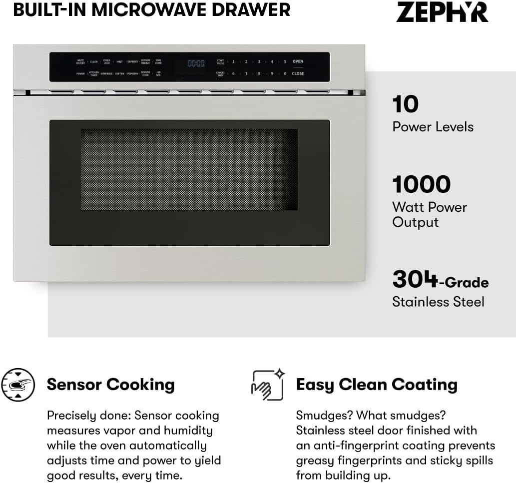 Zephyr 24 inch Built In Drawer Microwave Oven Under Cabinet - Under Counter Pull Out Microwave Drawer Sliding Door, Stainless Steel 1.2 cu ft