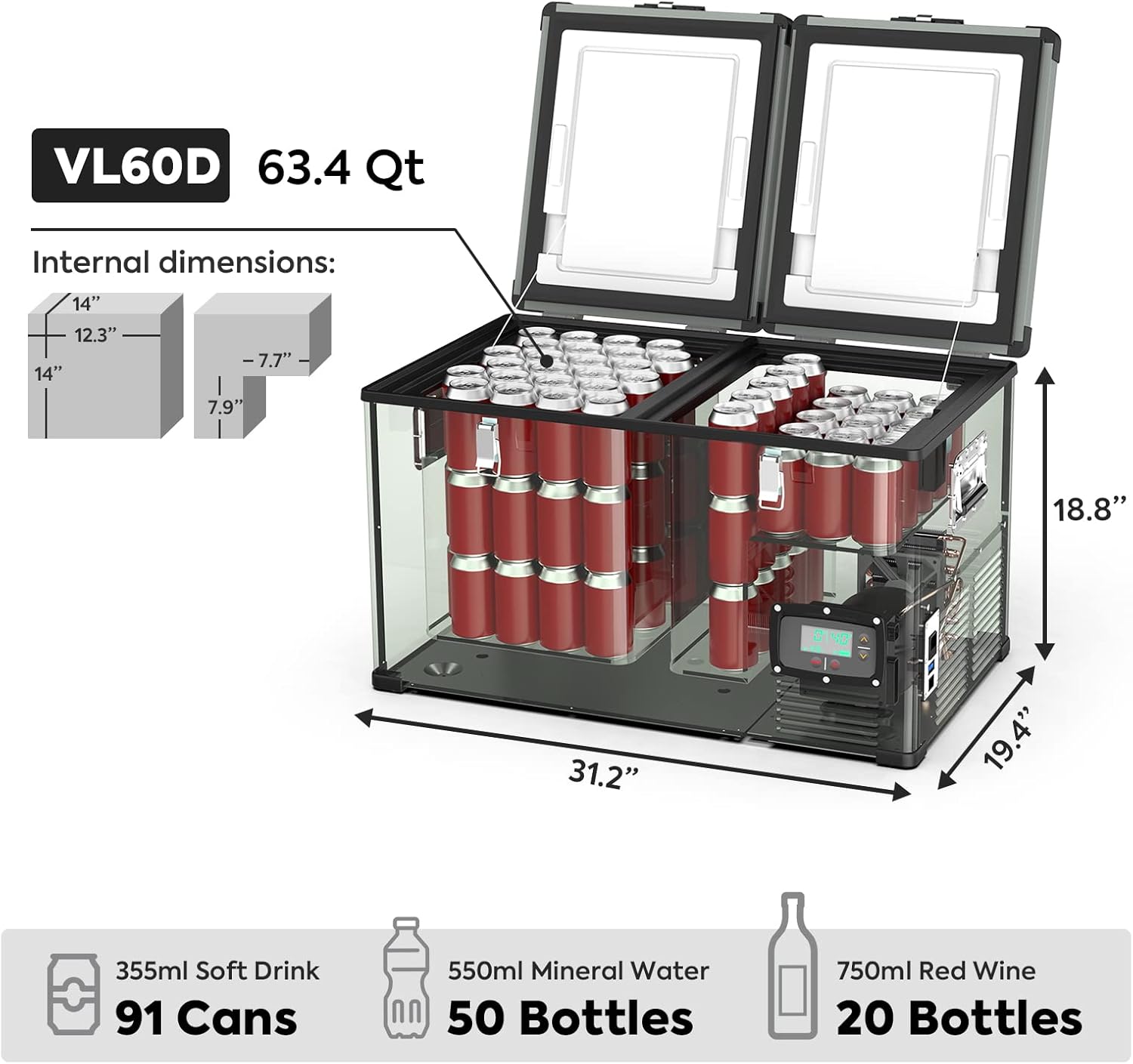 ICECO VL60 Dual Zone Portable Refrigerator with SECOP Compressor, 60 Liters Platinum Compact Refrigerator, DC 12/24V, AC 110-240V, 0℉ to 50℉